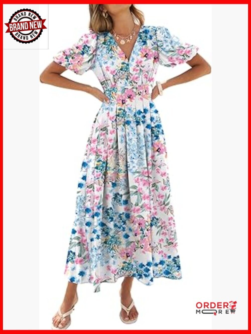 Women's Short Puff Sleeve Maxi Dress Wedding Guest A-Line V-Neck